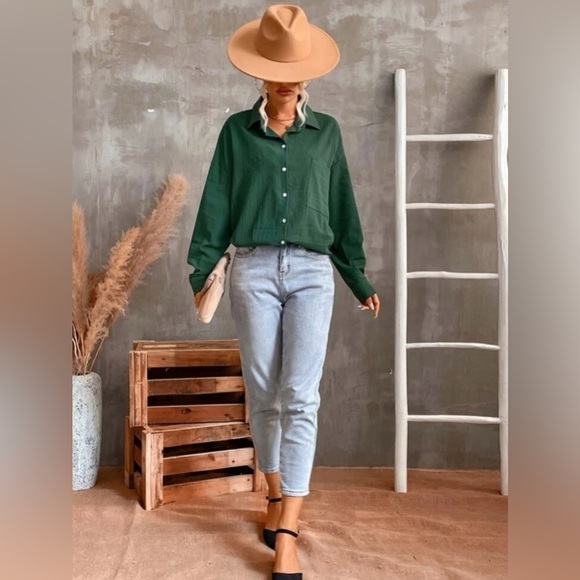 Women’s Spring & Autumn Casual Solid Forest Green Color Long Sleeve Shirt Sz L - Picture 4 of 7